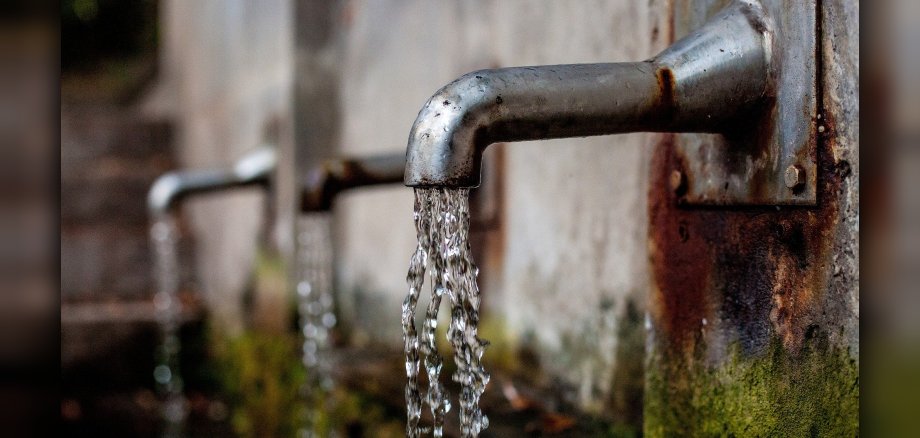 Drei Wasserhähne aus denen Wasser in ein Becken läuft