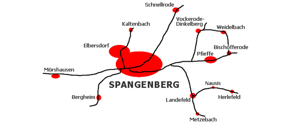 Übersichtskarte der Lage aller Spangenberger Stadtteile